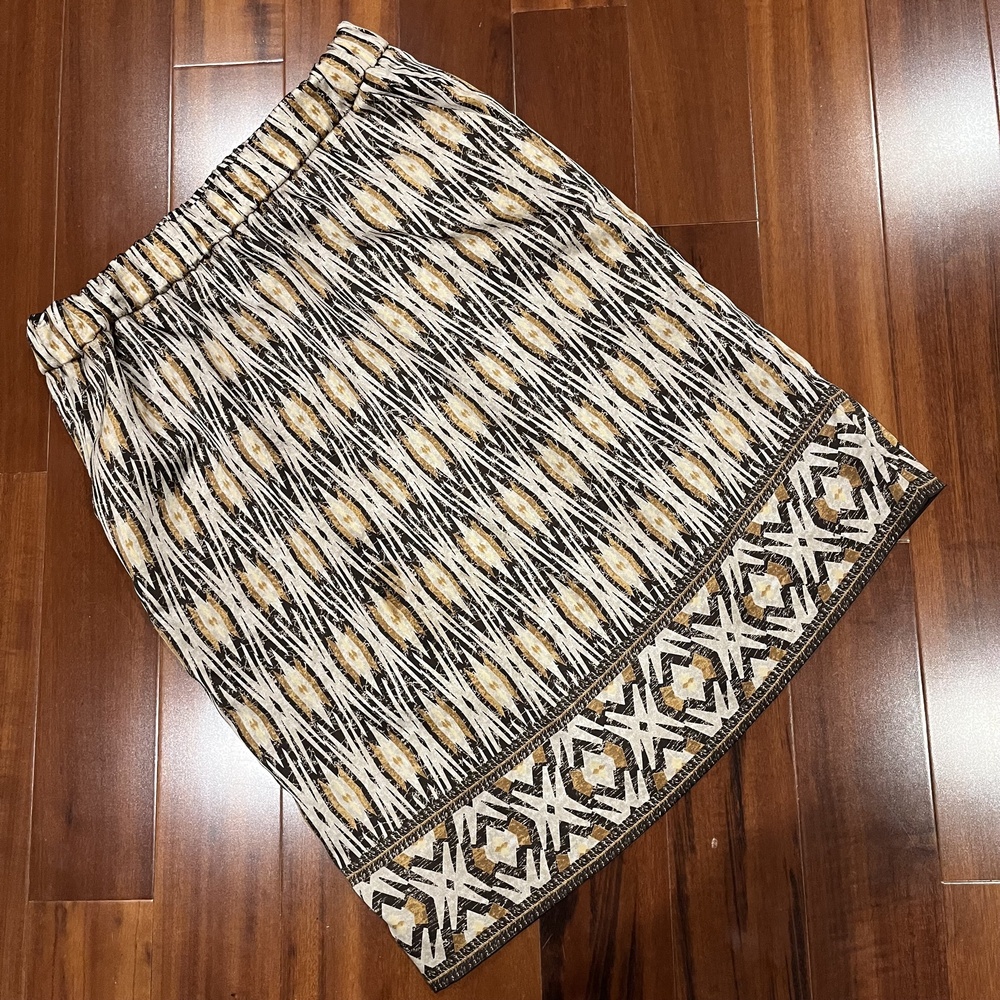 Chicos Gold Copper Brown Skirt Elastic Geometric Knee Length Midi Lined Sz 0 S